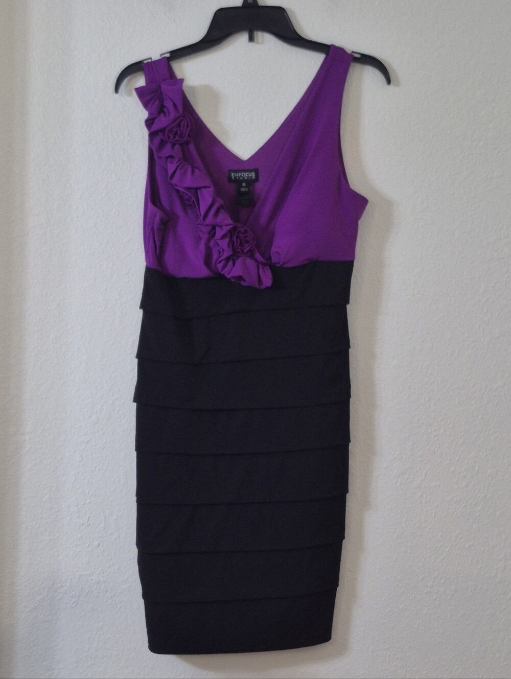 Enfocus Studio Purple and Black One-Shoulder Ruffle Sheath Dress